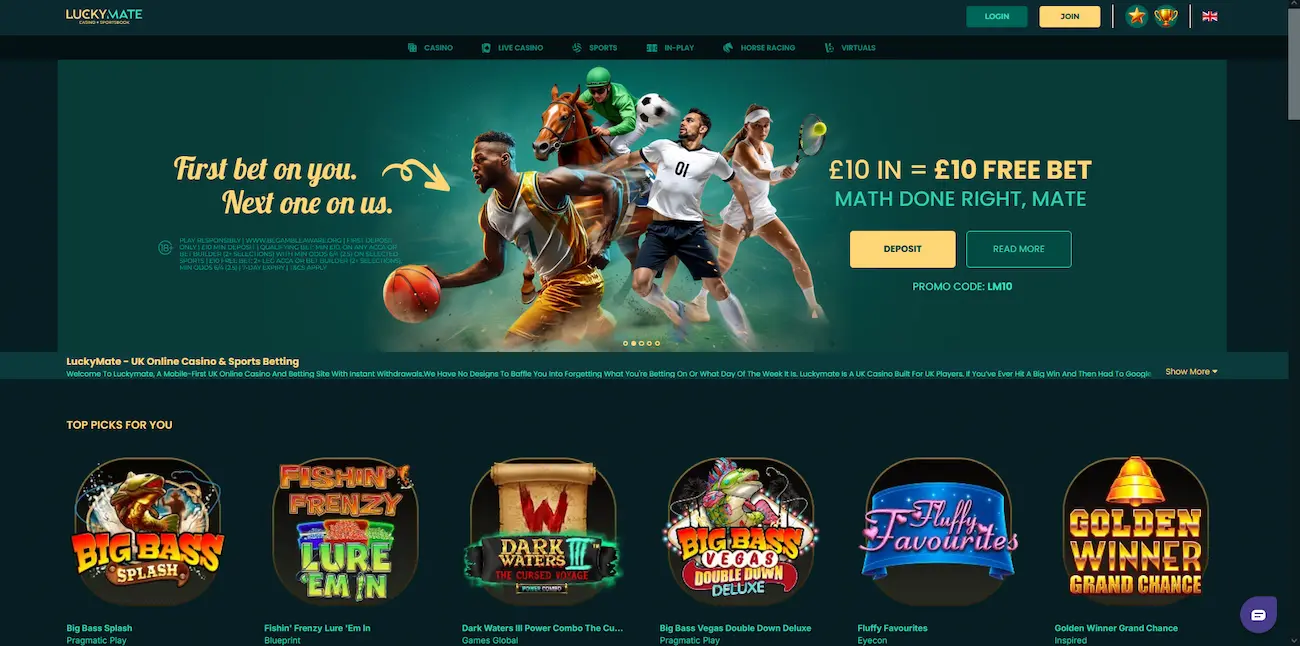 Luckymate casino lobby showing pokies and top picks for Australian players