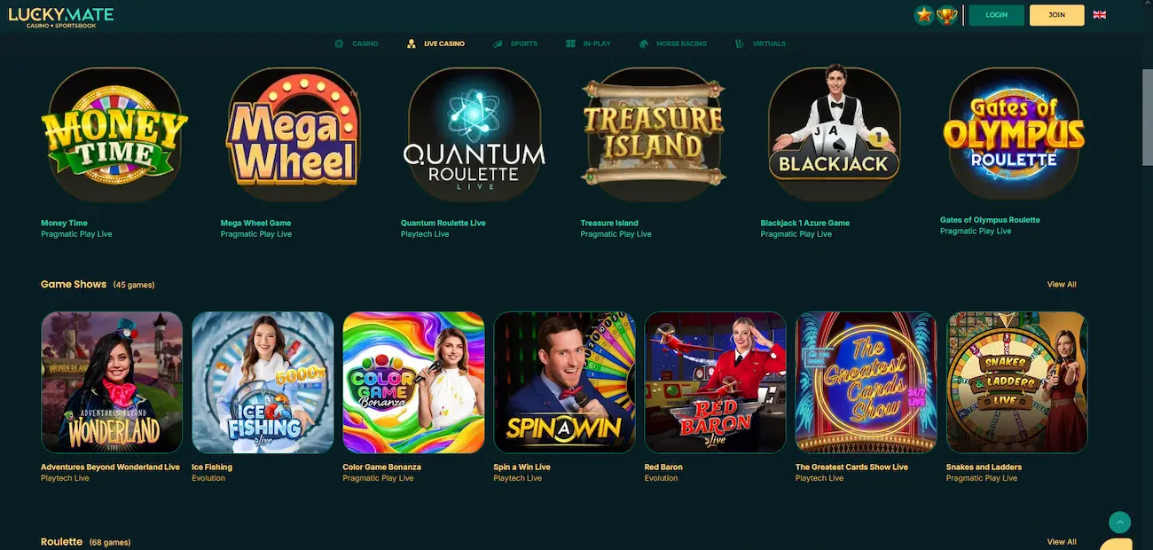 Luckymate live casino tables streamed by Evolution Gaming