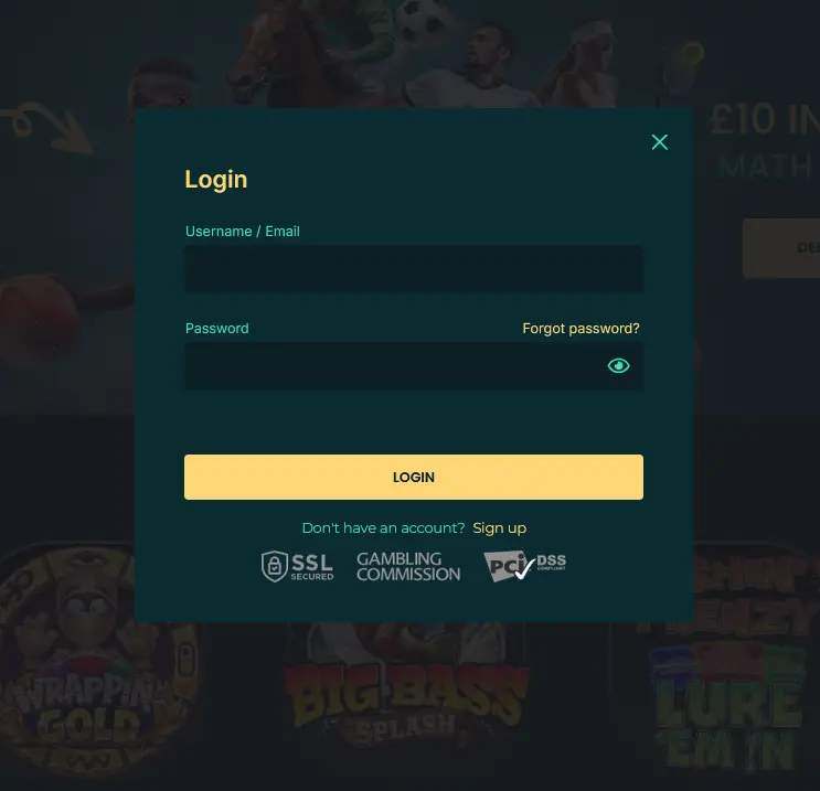 Luckymate login screen with email and password fields