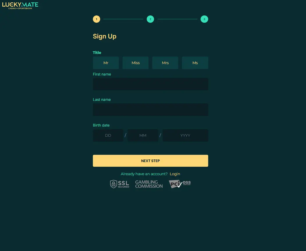 Luckymate registration form for new player sign-up
