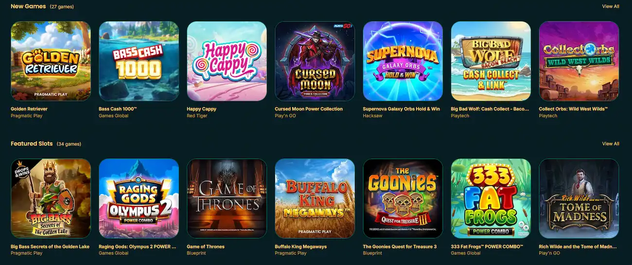 Luckymate pokies lobby with Big Bass, Fishin Frenzy and other popular titles