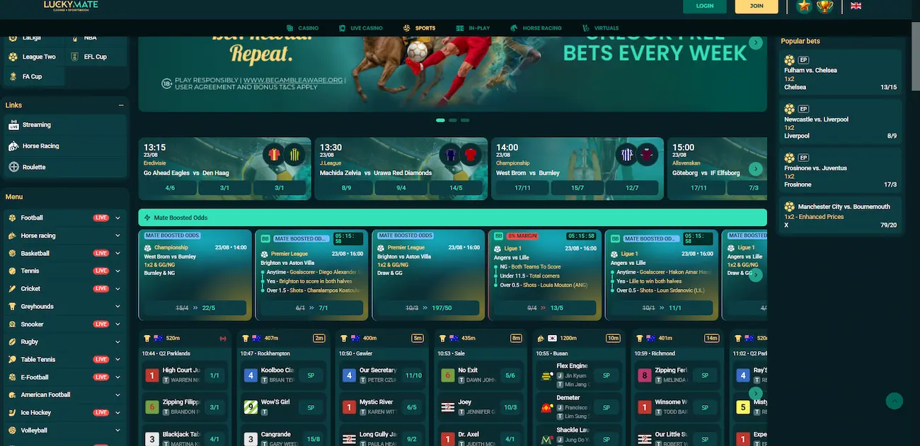 Luckymate sportsbook showing AFL, NRL and cricket betting markets